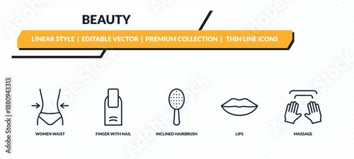beauty icons set - women waist, finger with nail, inclined hairbrush, lips, massage outline vector collection.