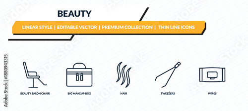 beauty icons set - beauty salon chair, big makeup box, hair, tweezers, wipes outline vector collection.