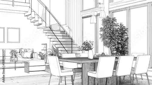 Architectural sketch of a modern open plan living and dining room with a contemporary staircase and minimalist interior design