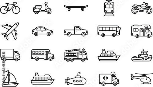 Black and White Line Icons of Diverse Transportation Modes Including Land, Air, and Water Vehicles for Travel and Mobility Design