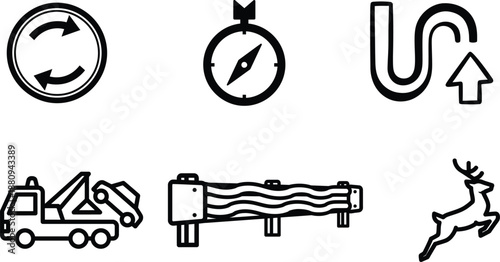 Collection of six black line icons for navigation and road signs