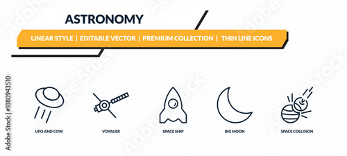 astronomy icons set - ufo and cow, voyager, space ship, big moon, space collision outline vector collection.