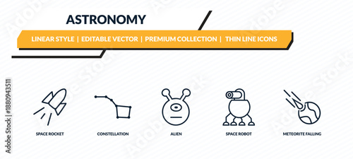astronomy icons set - space rocket, constellation, alien, space robot, meteorite falling outline vector collection.