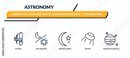 astronomy icons set - jet pack, day and night, crescent moon, big ufo, venus with satellite outline vector collection.