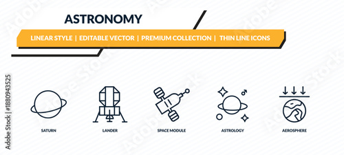astronomy icons set - saturn, lander, space module, astrology, aerosphere outline vector collection.