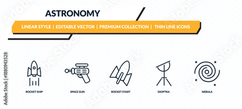 astronomy icons set - rocket ship, space gun, rocket start, dioptra, nebula outline vector collection.