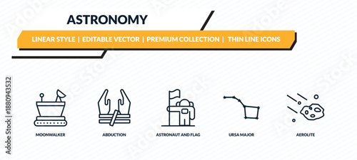 astronomy icons set - moonwalker, abduction, astronaut and flag, ursa major, aerolite outline vector collection.
