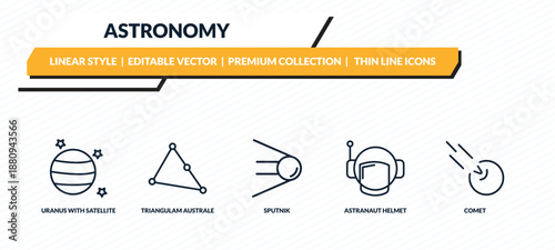 astronomy icons set - uranus with satellite, triangulam australe, sputnik, astranaut helmet, comet outline vector collection.
