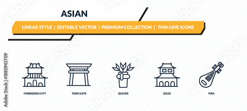 asian icons set - forbidden city, torii gate, quiver, dojo, pipa outline vector collection.