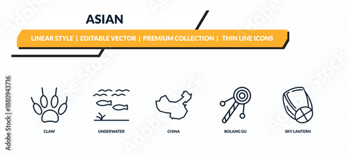 asian icons set - claw, underwater, china, bolang gu, sky lantern outline vector collection.