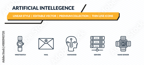 artificial intellegence icons set - wristwatch, mail, humanoid, servers, nano sensor outline vector collection.