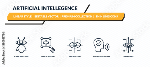 artificial intellegence icons set - robot assistant, match moving, eye tracking, voice recognition, smart lens outline vector collection.