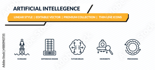 artificial intellegence icons set - flyboard, difference engine, future brain, microbots, processing outline vector collection.