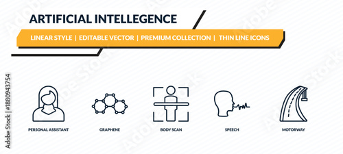 artificial intellegence icons set - personal assistant, graphene, body scan, speech, motorway outline vector collection.