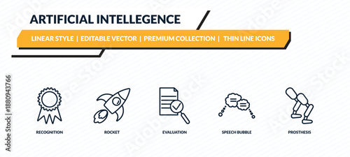 artificial intellegence icons set - recognition, rocket, evaluation, speech bubble, prosthesis outline vector collection.