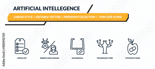 artificial intellegence icons set - check list, robots and humans, ar monocle, technology tree, synthetic food outline vector collection.