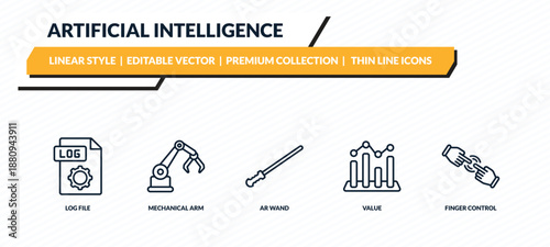 artificial intelligence icons set - log file, mechanical arm, ar wand, value, finger control outline vector collection.