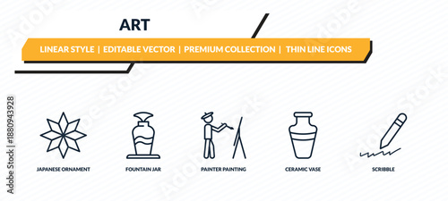 art icons set - japanese ornament, fountain jar, painter painting, ceramic vase, scribble outline vector collection.