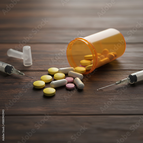 Wallpaper Mural Dangerous Mix of Multicolored Pharmaceutical Tablets, Capsules and Syringes Scattered from Prescription Bottle on Rustic Wooden Surface – Opioid Crisis and Substance Abuse Awareness Torontodigital.ca