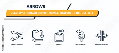 arrows icons set - shuffle arrows, square, extract, spiral arrow, horizontal resize outline vector collection.