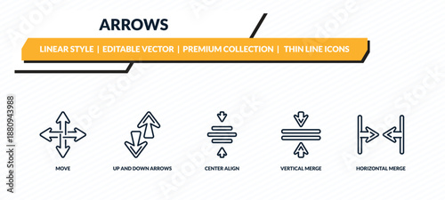 arrows icons set - move, up and down arrows, center align, vertical merge, horizontal merge outline vector collection.