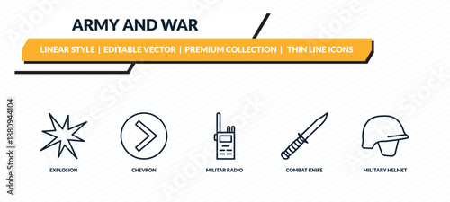 army and war icons set - explosion, chevron, militar radio, combat knife, military helmet outline vector collection.