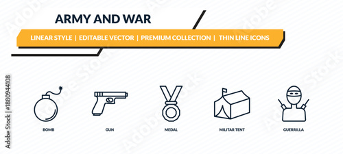 army and war icons set - bomb, gun, medal, militar tent, guerrilla outline vector collection.