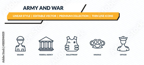 army and war icons set - soldier, federal agency, bulletproof, knuckle, officer outline vector collection.