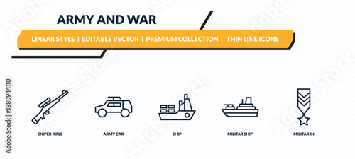 army and war icons set - sniper rifle, army car, ship, militar ship, militar in outline vector collection.
