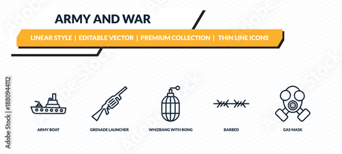 army and war icons set - army boat, grenade launcher, whizbang with rong, barbed, gas mask outline vector collection.
