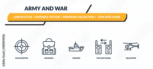 army and war icons set - gun shooting, backpack, warship, two way radio, helicopter outline vector collection.