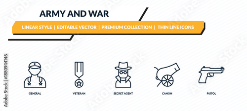 army and war icons set - general, veteran, secret agent, canon, pistol outline vector collection.