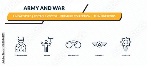 army and war icons set - conscription, revolt, binoculars, air force, strategy outline vector collection.