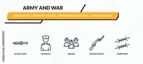 army and war icons set - military knife, lieutenant, brigade, bayonet on rifle, barbed wire outline vector collection.