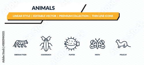 animals icons set - siberian tiger, cockroach, puffer, moth, polecat outline vector collection.