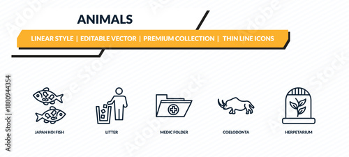 animals icons set - japan koi fish, litter, medic folder, coelodonta, herpetarium outline vector collection.