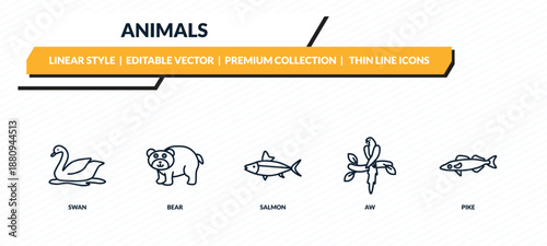 animals icons set - swan, bear, salmon, aw, pike outline vector collection.