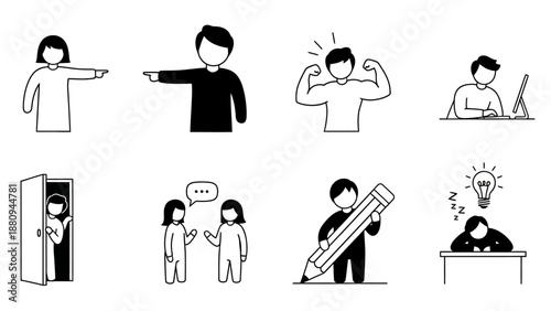 Business success and teamwork icons set with leadership, growth, idea, and fitness concepts on black background