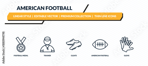 american football icons set - football medal, trainer, cleats, american football ball, glove outline vector collection.