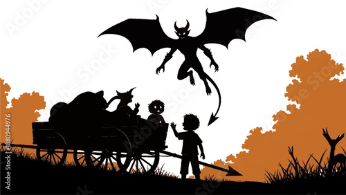 Silhouette of Farmer Plowing Field at Sunset with Traditional Ox Cart in Rural Landscape