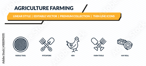agriculture farming icons set - riddle tool, pitchfork, hen, farm tools, hay roll outline vector collection.