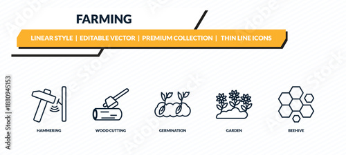 farming icons set - hammering, wood cutting, germination, garden, beehive outline vector collection.