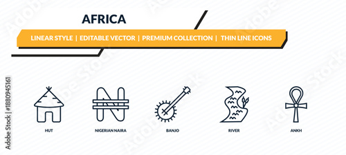 africa icons set - hut, nigerian naira, banjo, river, ankh outline vector collection.