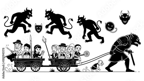 Halloween haunted wagon with family and ghosts spooky night scene vector illustration