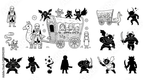 Halloween fantasy scene with family in carriage pulled by llama and skeleton warriors