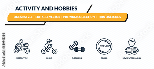 activity and hobbies icons set - motorcycle, biking, exercising, dealer, newspaper readign outline vector collection.