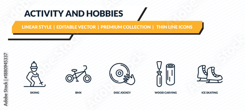 activity and hobbies icons set - skiing, bmx, disc jockey, wood carving, ice skating outline vector collection.