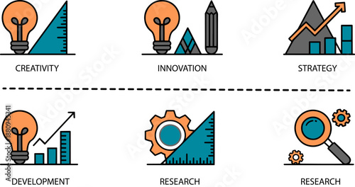 Flat line business icon set featuring creativity innovation strategy development and research symbols for corporate presentation and web design
