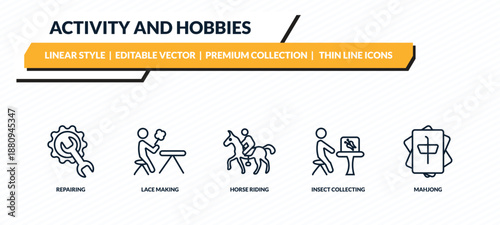 activity and hobbies icons set - repairing, lace making, horse riding, insect collecting, mahjong outline vector collection.