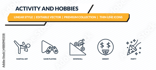 activity and hobbies icons set - martial art, game playing, downhill, greedy, party outline vector collection.